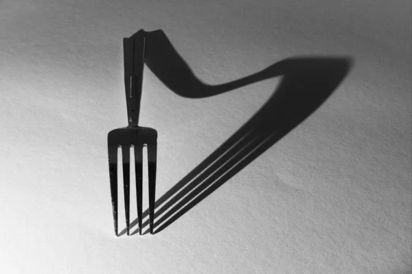 Closeup Grayscale Metal Fork Its Shadow Shiny Surface — Stock Photo, Image