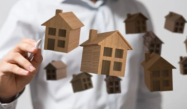 Rendering Wooden Houses Floating Man Pencil — Stock Photo, Image