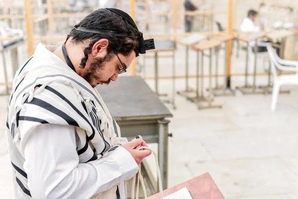 Seorang Pria Yahudi Ortodoks Mengenakan Phylacteries Dan Syal Memegang Sudut — Stok Foto