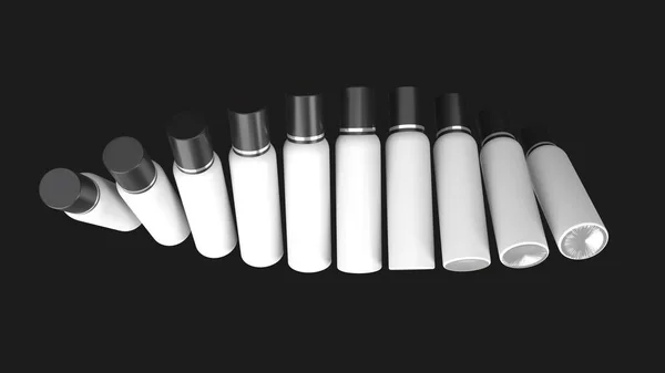 Rendering Vita Silver Kosmetiska Sprayflaskor Svart Bakgrund — Stockfoto