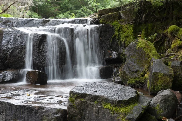 Longue Exposition Une Petite Cascade Dans Forêt — Photo