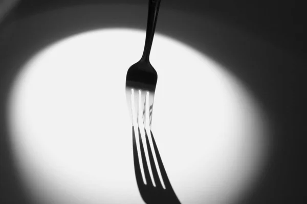 Closeup Grayscale Metal Fork Its Shadow Shiny Surface — Stock Photo, Image