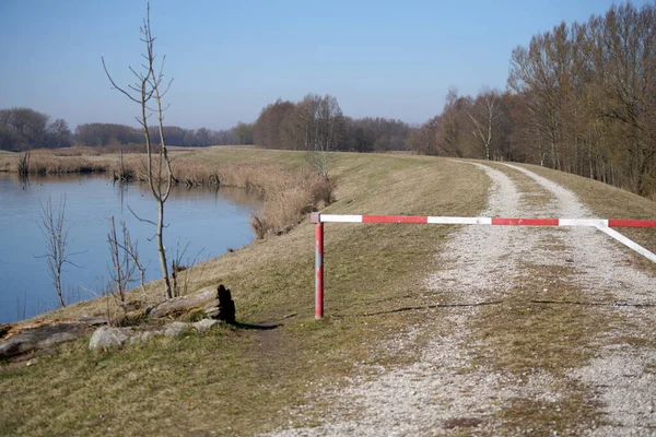 Unpaved Road Barrier Calm Lake Dry Forests Blue Clear Sky Royalty Free Stock Images