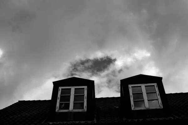 Eine Monochrome Aufnahme Eines Daches Mit Zwei Kleinen Rechteckigen Flügelfenstern — Stockfoto