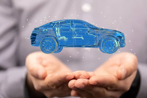 Uno Scatto Modello Auto Blu Stile Digitale Sulle Mani Umane — Foto Stock