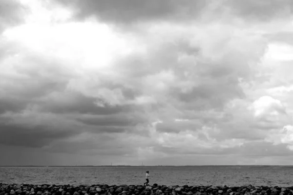 Una Foto Monocromatica Una Donna Che Corre Sola Lungo Costa — Foto Stock