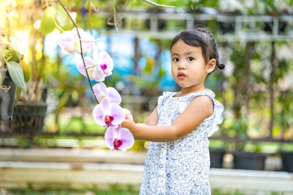 Adorable Thai Child Holding Blossomed Purple Flower Blurry Background — Stock Photo, Image