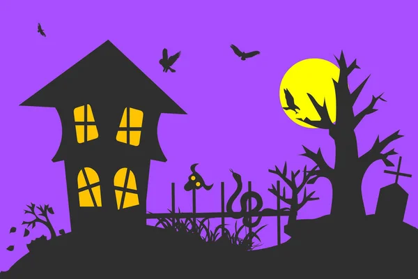 Illustration Haunted House Nearby Grave Old Tree Dark Night — Stock Photo, Image
