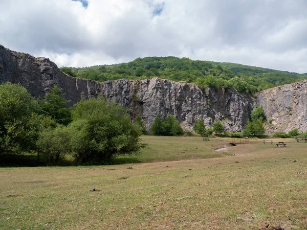 Una Lunga Scogliera Rocciosa Una Bellissima Valle Con Alberi Cespugli — Foto Stock