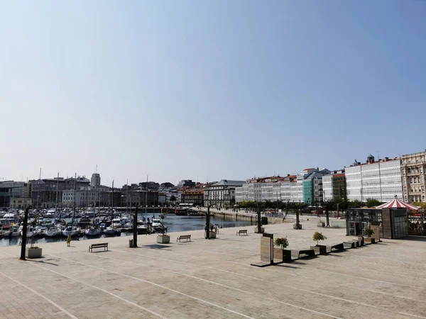 Vue Sur Les Bateaux Amarrés Port Paysage Urbain Coruna Par — Photo