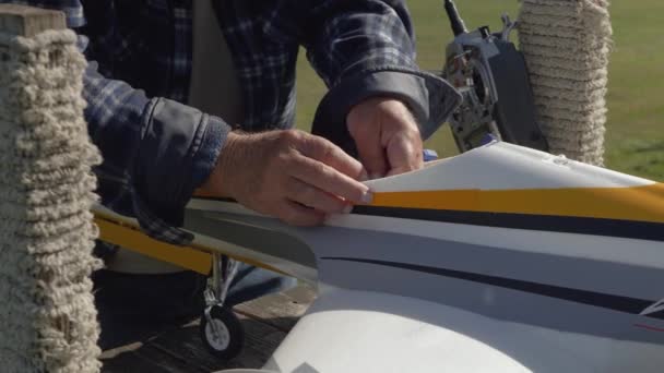 Nagrania Dojrzałych Mężczyzn Samolotami Sterowanymi Radiowo Zielonym Polu — Wideo stockowe