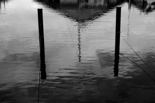 Eine Monochrome Aufnahme Von Holzsäulen Ufer Die Sich Wasser Spiegeln — Stockfoto