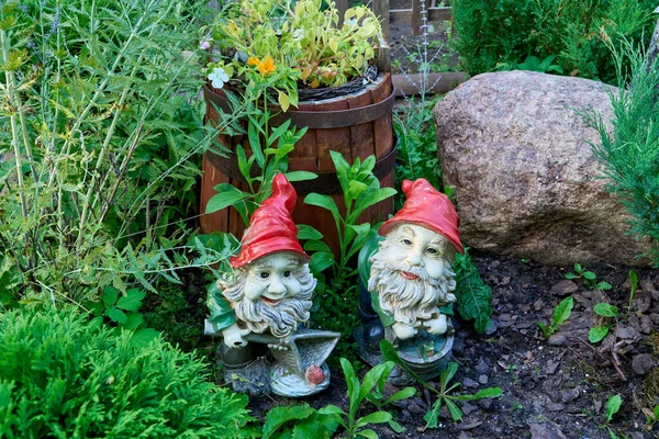 Saulkrasti Latvia Aug 2021 Two Small Gnomes Red Caps Stand — Stock Photo, Image