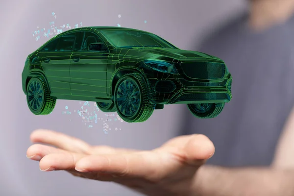 Rendering Green Car Floating Air Man Holding Out His Hand — Stock Photo, Image