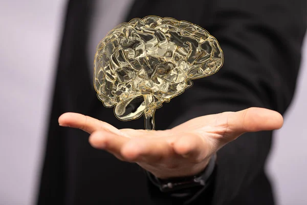 Detailní Záběr Mužské Ruky Zobrazující Lidského Mozku — Stock fotografie