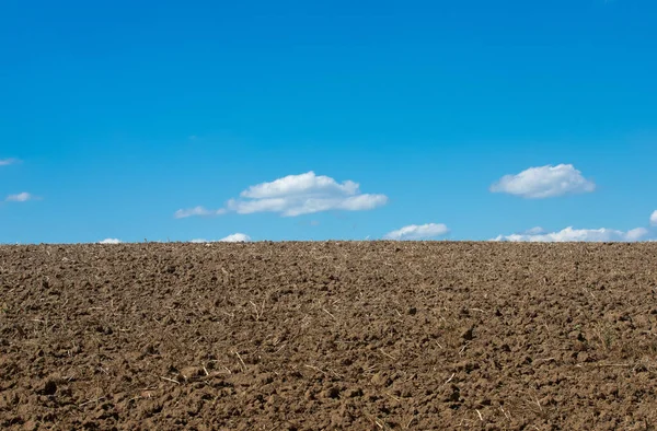 青空の下で播種する準備ができている農地 — ストック写真