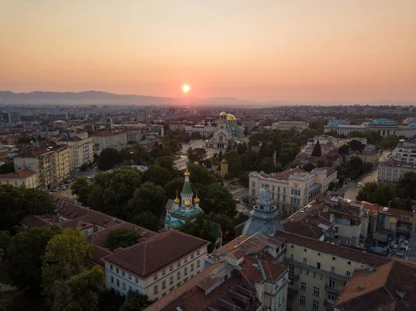 Вид Повітря Дахи Житлових Будинків Місті Заході Сонця — стокове фото