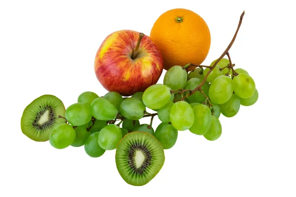 Een Close Shot Van Verse Sinaasappel Groene Druiven Appel Kiwi — Stockfoto