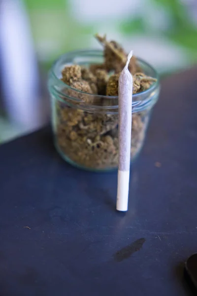 Vertikal Närbild Torra Marijuana Cannabisknoppar Burk Med Rullad Trubbig Lutad — Stockfoto