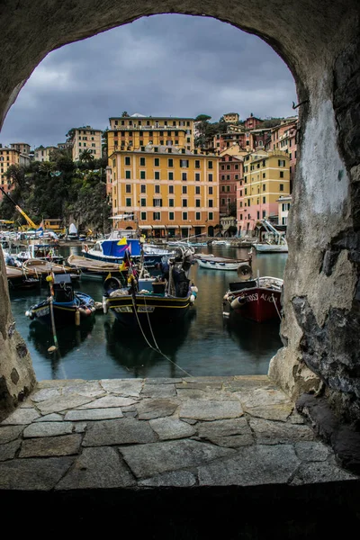 Camogli Italia 2018 Muchos Barcos Aparcados Yates Enporticciolo Camogli Marina — Foto de Stock