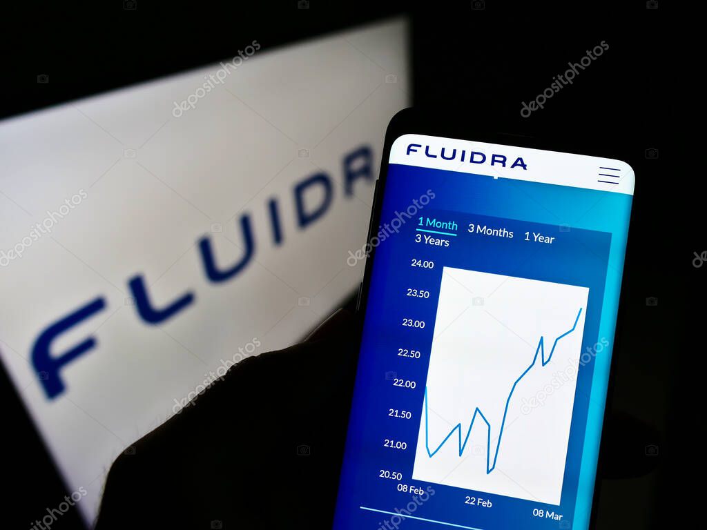STUTTGART, GERMANY - Mar 13, 2021: Person holding cellphone with website and chart of Spanish wellness company Fluidra SA on screen in front of logo. Focus on center of phone display.