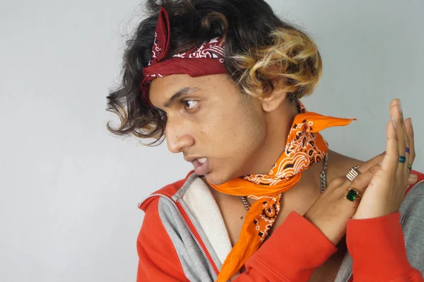 Indian Hip Male Posing Wearing Colorful Scarf Bandana — стоковое фото