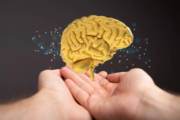 Shot Artificial Brain Testing Concept Additional Effects Human Hands — Stock Photo, Image