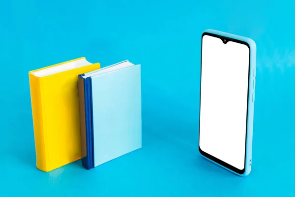 Render Books Smartphone White Blank Screen Isolated Blue Background — Stock Photo, Image
