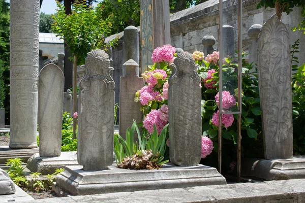 Hřbitov Stojícími Památkami Kyticemi Květin Slunečního Svitu — Stock fotografie
