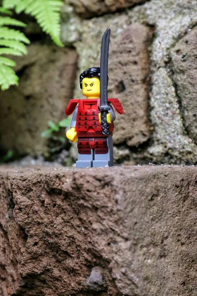 Greenville Zjednoczone Państwa Sierpnia 2021 Zbliżenie Lego Minifigury Samurajskiego Wojownika — Zdjęcie stockowe
