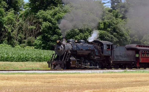 晴れた夏の日に煙と蒸気を吹く復元された蒸気旅客列車 — ストック写真