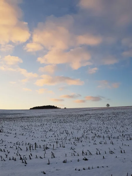 Terras Cobertas Neve Campo Durante Pôr Sol — Fotografia de Stock