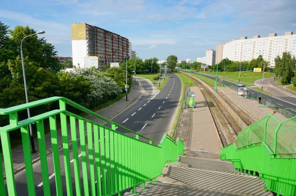 Poznan Polska Cze 2017 Zbliżenie Zielonych Schodów Prowadzących Przystanku Tramwajowego — Zdjęcie stockowe