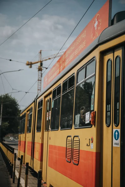 Belgrade Serbia Aug 2021 Red Yellow Colored Tram Tramway Track — Stock Photo, Image