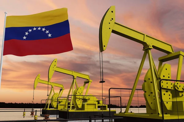 Рендеринг Нефтяного Месторождения Флага Венесуэлы Фоне Облачного Закатного Неба — стоковое фото