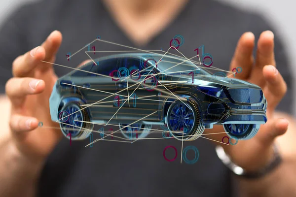 Людина Представляє Віртуальну Проекцію Автономної Іконки Онлайн Автомобіля — стокове фото
