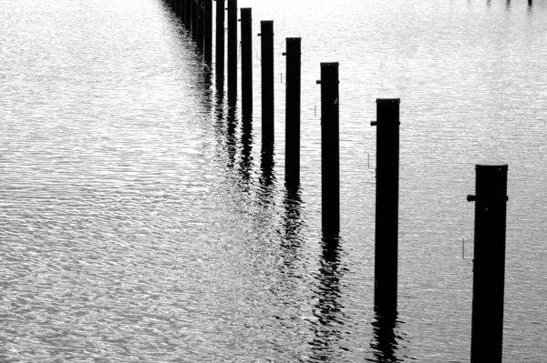 Tiro Escala Grises Postes Madera Muelle Inacabado Mar Luz Del — Foto de Stock