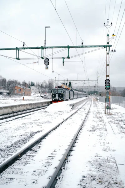 Eine Vertikale Aufnahme Eines Bahnhofs Und Des Zuges Winter — Stockfoto