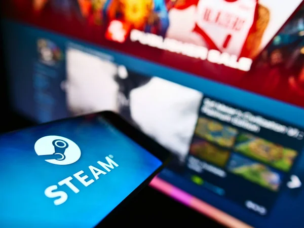 Stuttgart Deutschland Februar 2021 Mobiltelefon Mit Logo Der Videospielvertriebsplattform Steam — Stockfoto