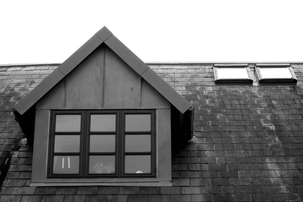 Eine Graustufenaufnahme Des Dachfensters Auf Einem Hausdach Tageslicht — Stockfoto