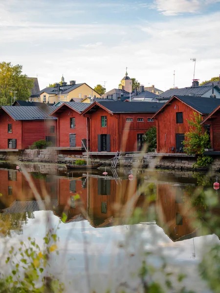 Scenic Shot Old Wooden Red Buildings Located Front River Porvoo — Stock Photo, Image