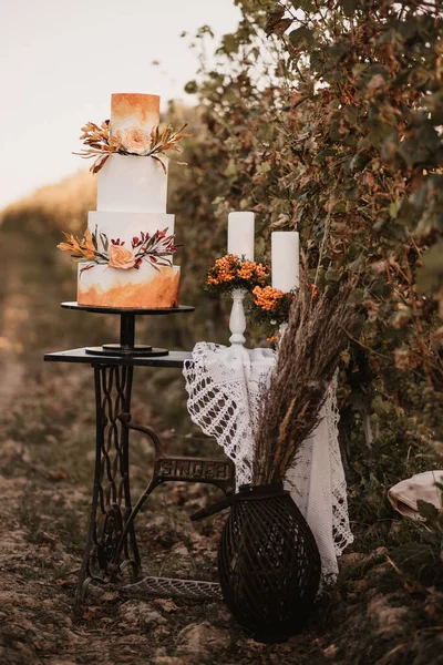 Een Verticaal Shot Van Een Witte Bruidstaart Met Oranje Decoraties — Stockfoto