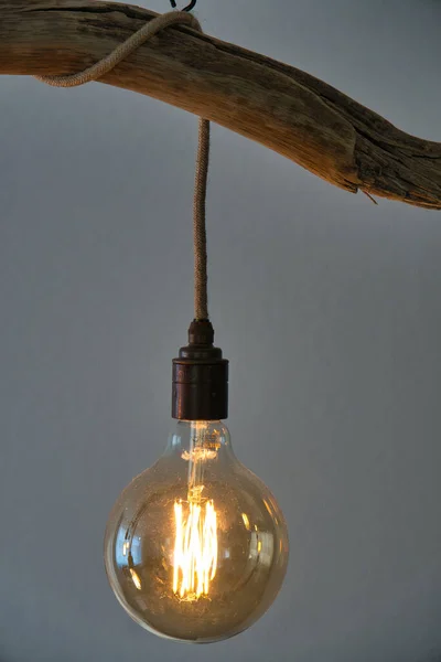 Vertical Shot Hanging Vintage Light Bulb Wooden Branch — Stock Photo, Image