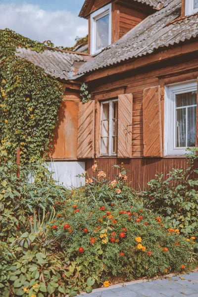 Der Wunderschöne Garten Eines Traditionellen Holzhauses Einem Sonnigen Tag — Stockfoto