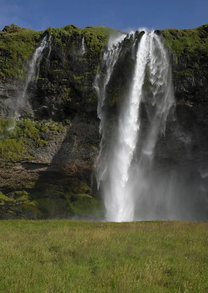 Güneşli Bir Günde Zlanda Nın Güney Kıyısındaki Seljalandsfoss Şelalesinin Dikey — Stok fotoğraf