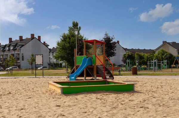 Барвиста Гірка Піску Дитячому Майданчику Сонячний День — стокове фото