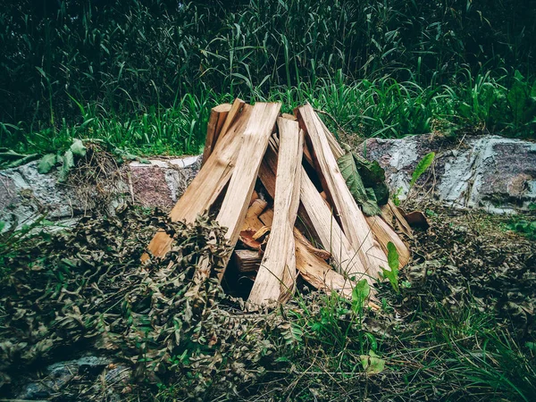 Een Stapel Hout Voor Het Kampvuur Het Bos Overdag — Stockfoto