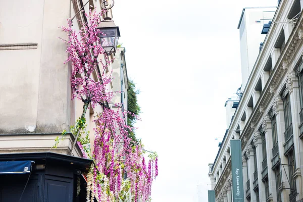 Una Hermosa Foto Balcón Decorado Con Flores Púrpuras —  Fotos de Stock