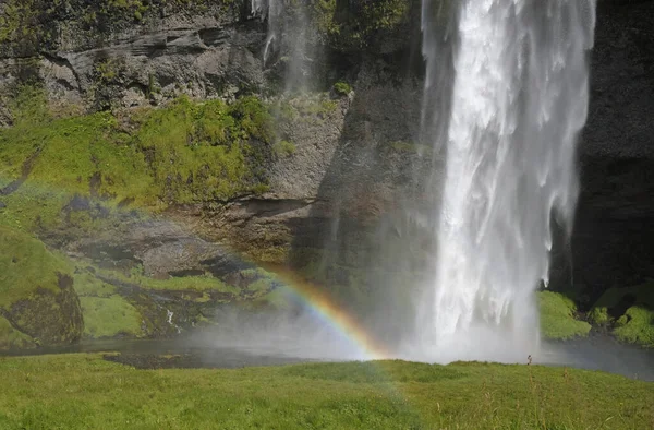 晴れた日にアイスランド南部の海岸にあるSeljalandsfoss滝の前の虹 — ストック写真