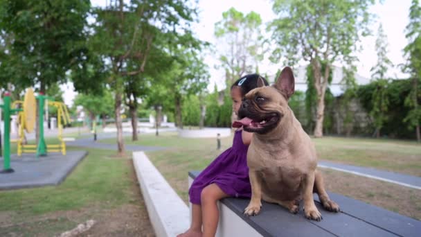 小女孩在公园里和狗玩 — 图库视频影像